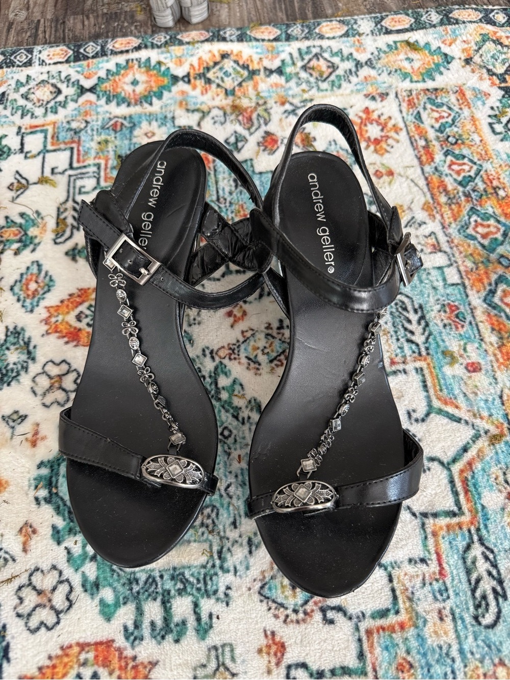 Andrew Geller Black T-Strap Gem Accent Wedge Heels